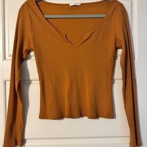 Timing Orange Ribbed Long Sleeve V-Neck Top